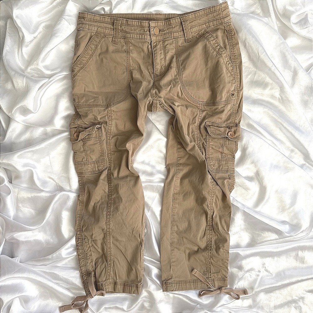Faded Glory Khaki Tan Cargo Capri Pants Women Size 4 Utility Crop Drawstring Hem